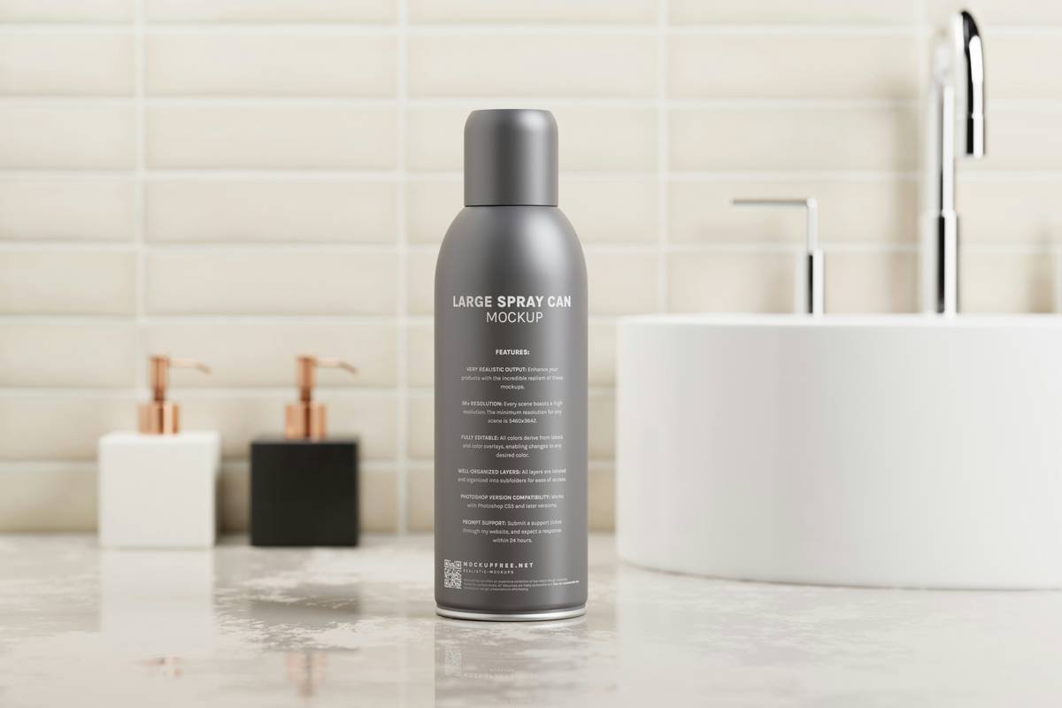 A cosmetic spray can mockup set featuring a large size spray can with a small cap and curved body. Download free PSD mockups from https://mockupfree.net